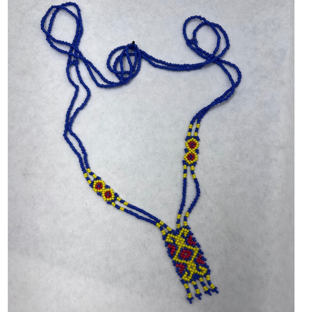 Vtg 32" Handmade Blue Yellow Red Geometric Seed Bead Fringe Long Necklace Boho